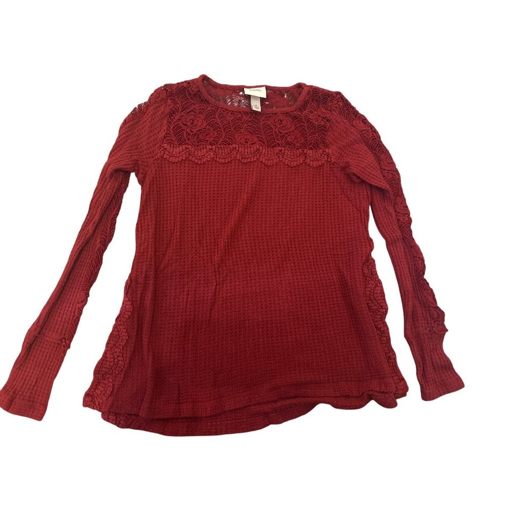 Knox Rose Red Lace Yoke Long Sleeve Top Small Cottage Boho Hippie